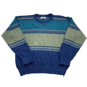 Vintage Grandpa Sweater Men Large Blue Green Colorblock Crewneck 90s Textured